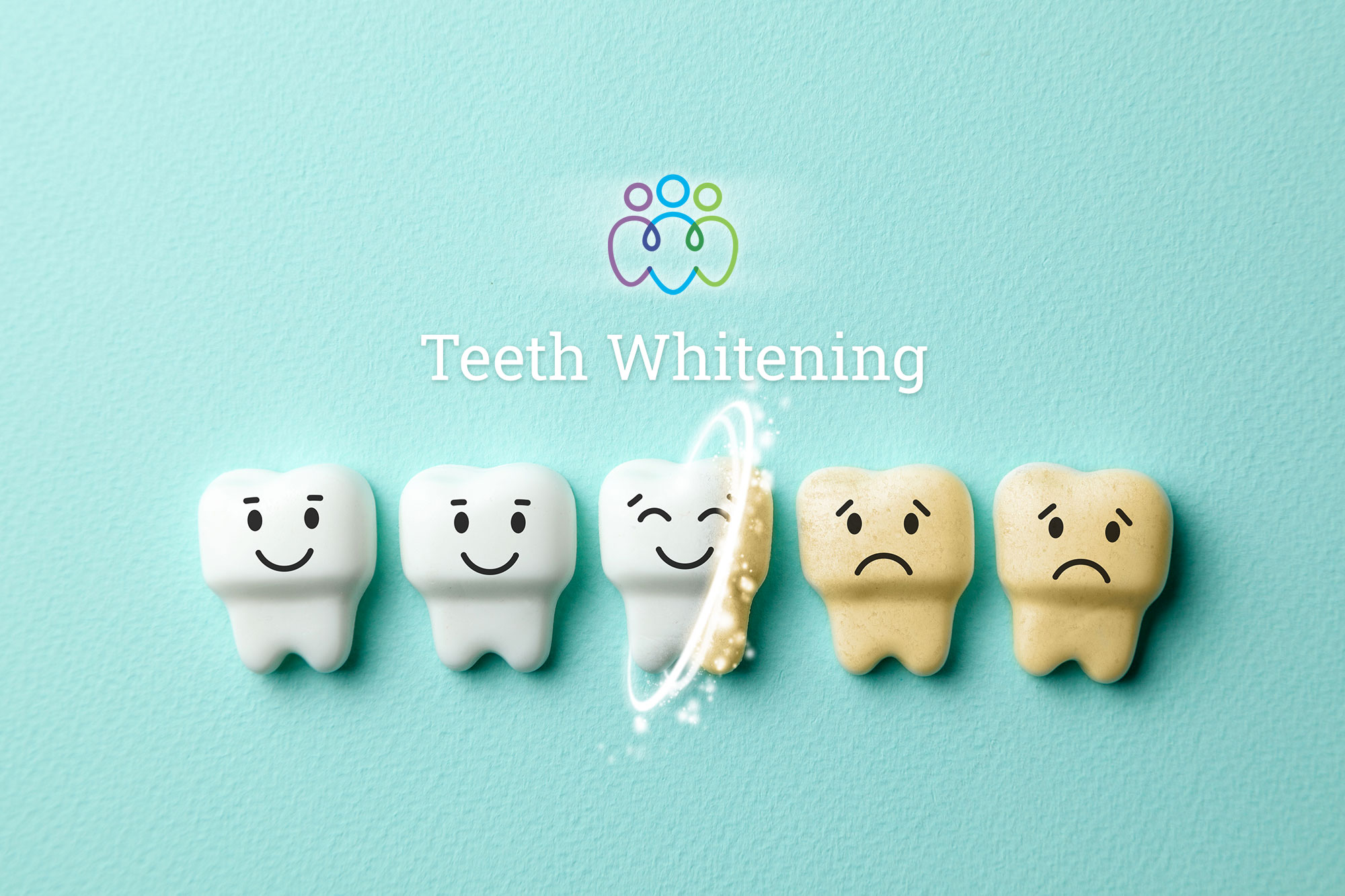 Teeth Whitening - illustration of 5 tooth shapes half are smiling and bright white, the others are frowning and yellow